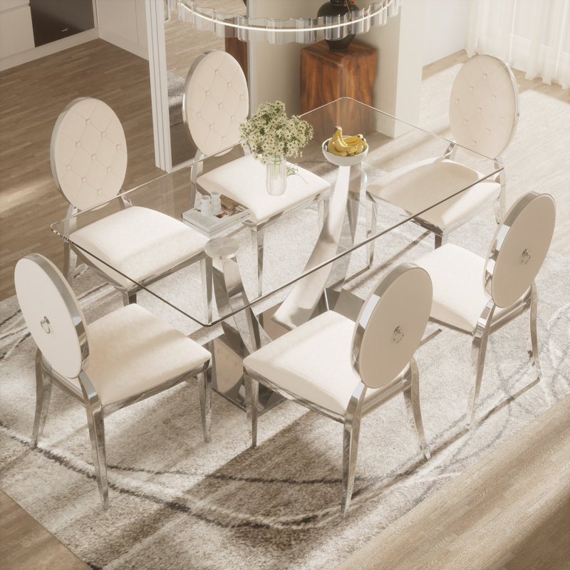 Ensemble de table de salle à manger rectangulaire en verre trempé avec fauteuil Luxtry, Beige, Argent argent, 5