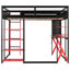 Lit mezzanine double noir et rouge avec tablettes à 4 niveaux et bande à DEL pour optimiser l'organisation du rangement