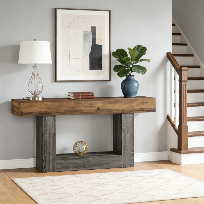 63" Wooden Console Table, Farmhouse 2-Tier Sofa Table Entryway Table, Brown, Grey