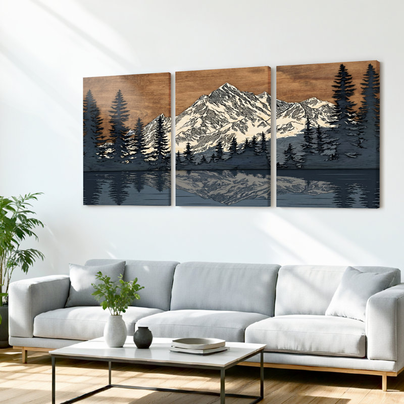 Ensemble de 3 tableaux sur toile représentant un paysage de montagne avec des pins et son reflet, H 36 po x l 72 po