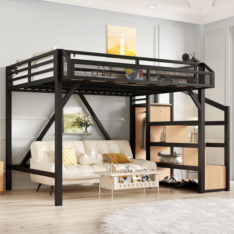 Full Metal Loft Bed with Storage Stairs, Built-in Wardrobe, Shelves, USB Ports, and LED Lights, Natural Wood, Full