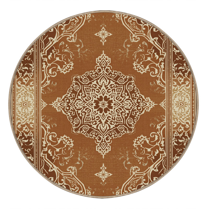 Machine Washable Paizlea Traditional Oriental Rug in Brown – Beige Binding, 8' Round