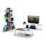 Meuble télé bas de style Mid-Century Modern en bois massif, 56 pouces (142 cm) avec 4 tablettes ouvertes, blanc et bleu.