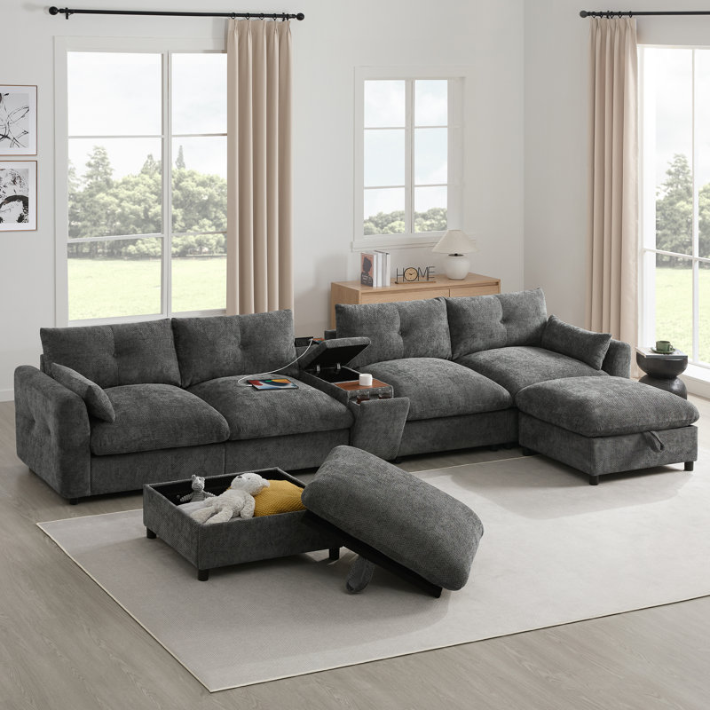 Canapé modulaire en tissu de chenille 6 places avec repose-pieds, Gris chenille