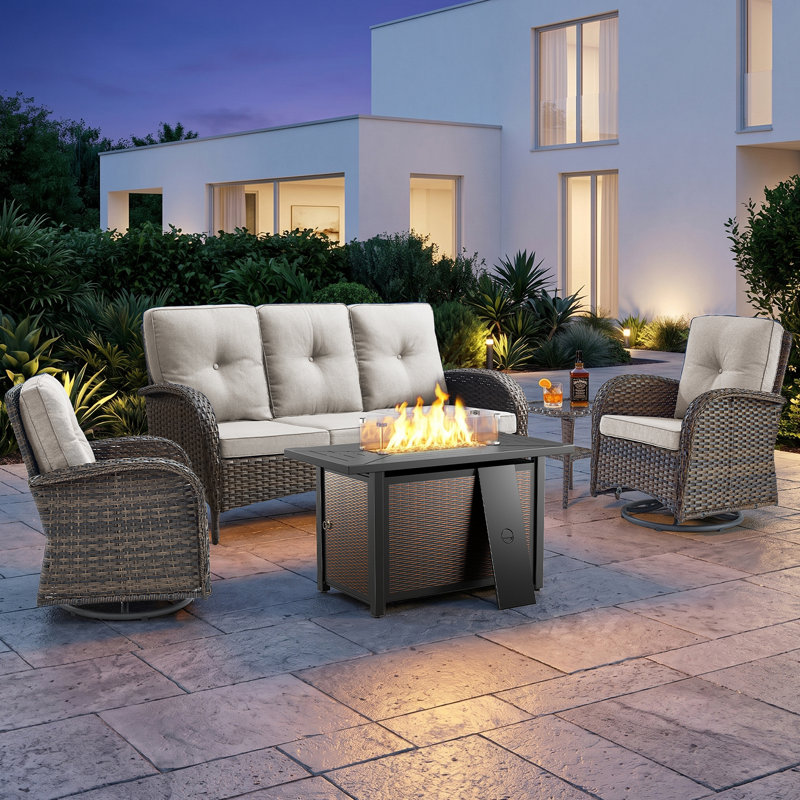 Aristil 5-Person PE Wicker Outdoor Patio Conversation Set With Firepit With Cushions, Light Gray