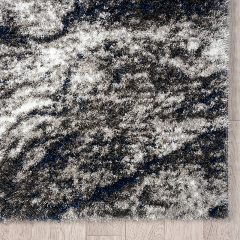 Tapis abstrait à poils longs noir / bleu marine / gris, Rectangle de 2 pi x 3 pi