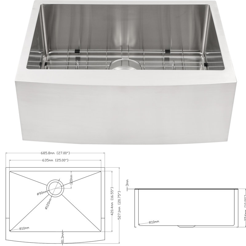27 Inch Style Basin Sink, Stainless Steel 16G T304, 10 Deep, R10 Corner, Condensation Coating, 27"X21"X10 Apron Front, 16 Gauge 10" Deep Basin, Noise Reduction Feature,