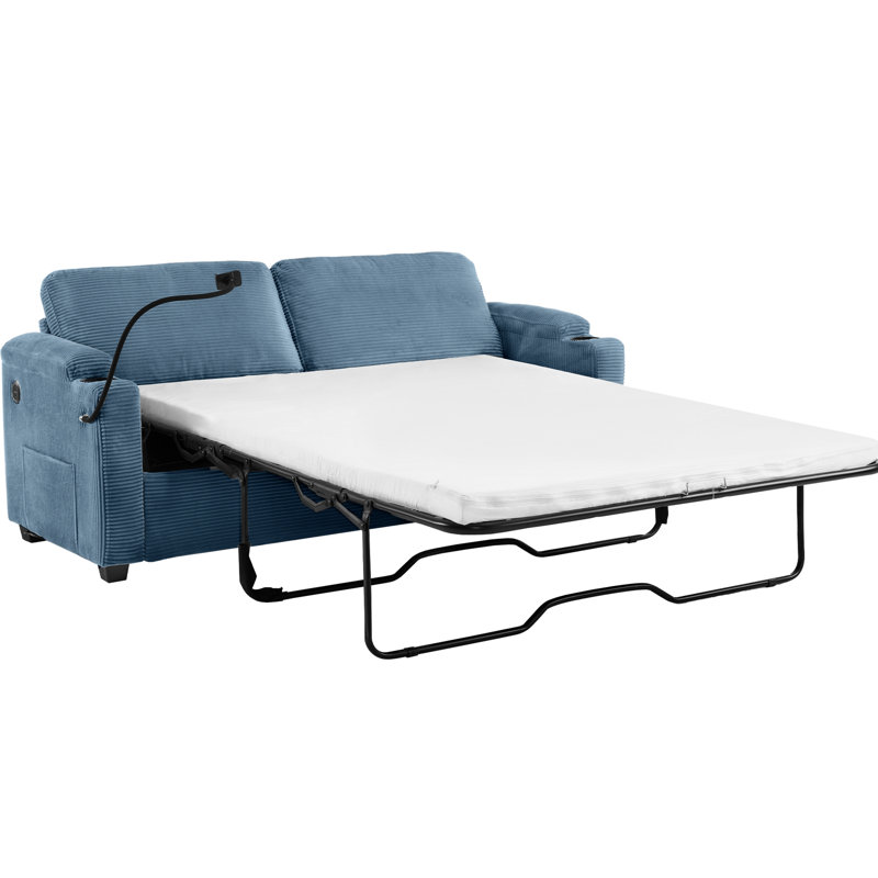 Canapé-lit double en velours côtelé bleu marine avec utilitaires, 2 ports, porte-gobelets, poches latérales, support pour téléphone, bleu, matelas, pour salon chic