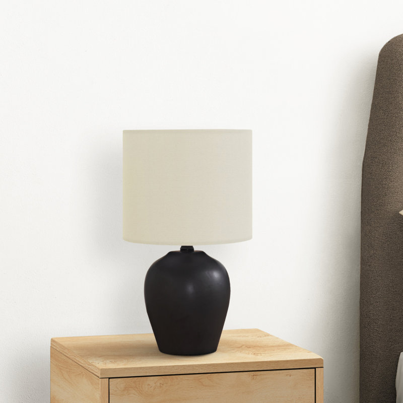 H 17 po, lampe de table, céramique noire, abat-jour ivoire / crème