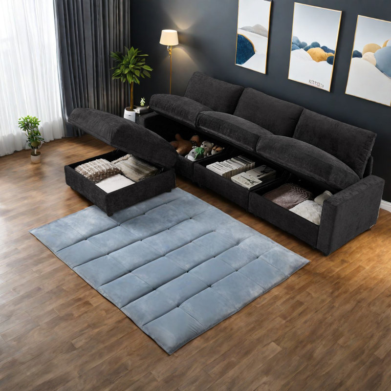 Canapés modulaires en forme de L avec rangement, conception moderne en polyester pour les salons compacts