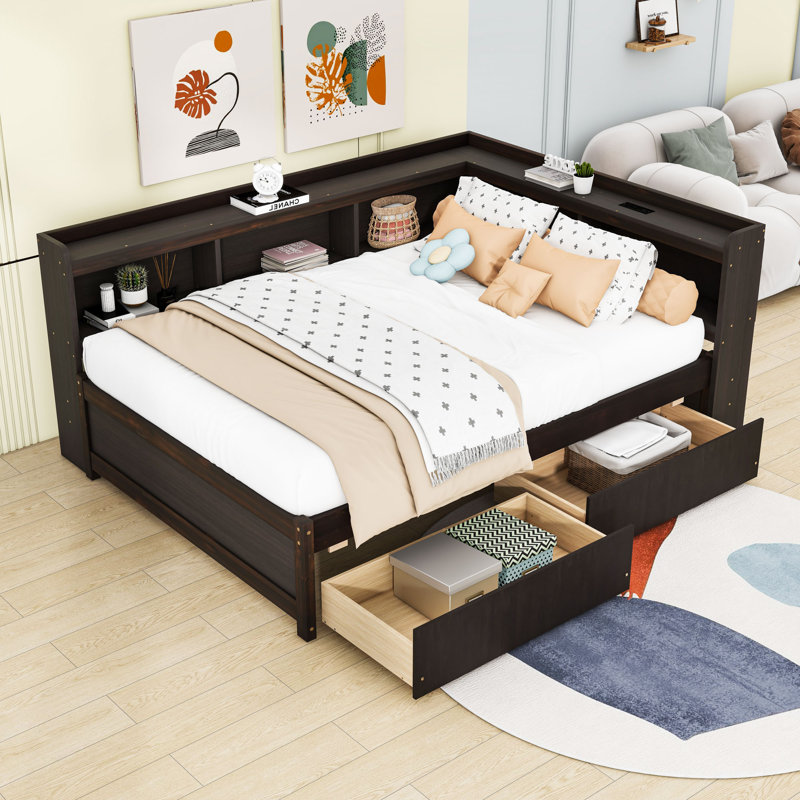 Daybed with L-Shaped Bookcases, USB Charging Station and 2 Storage Drawers, Full/Double, Espresso