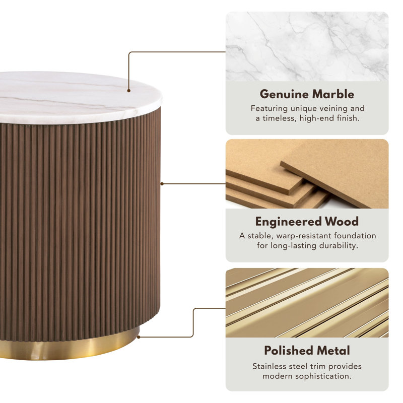 Kirtin Round Marble End Table With Gold Accent Base, White and Brown