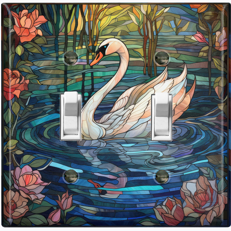 Couvercle de plaque d'interrupteur en métal; Impression à bascule de taille standard US 2 Gang - vitrail Swan
