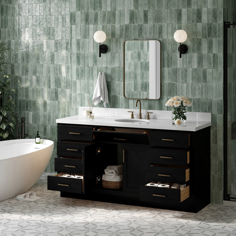 Thornaby 66'' Solid Wood Single Bathroom Vanity with 1.5'' White Quartz Top, Oval, Black Oak