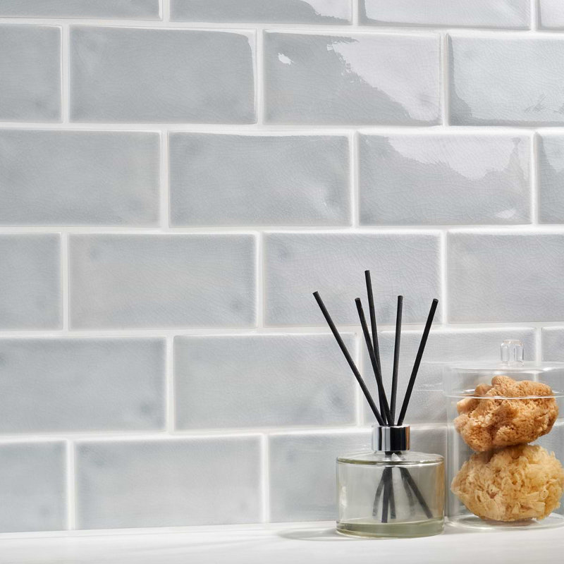 Nabi Subway 3x6 Crackled Glossy Glass Tile, Arctic Blue