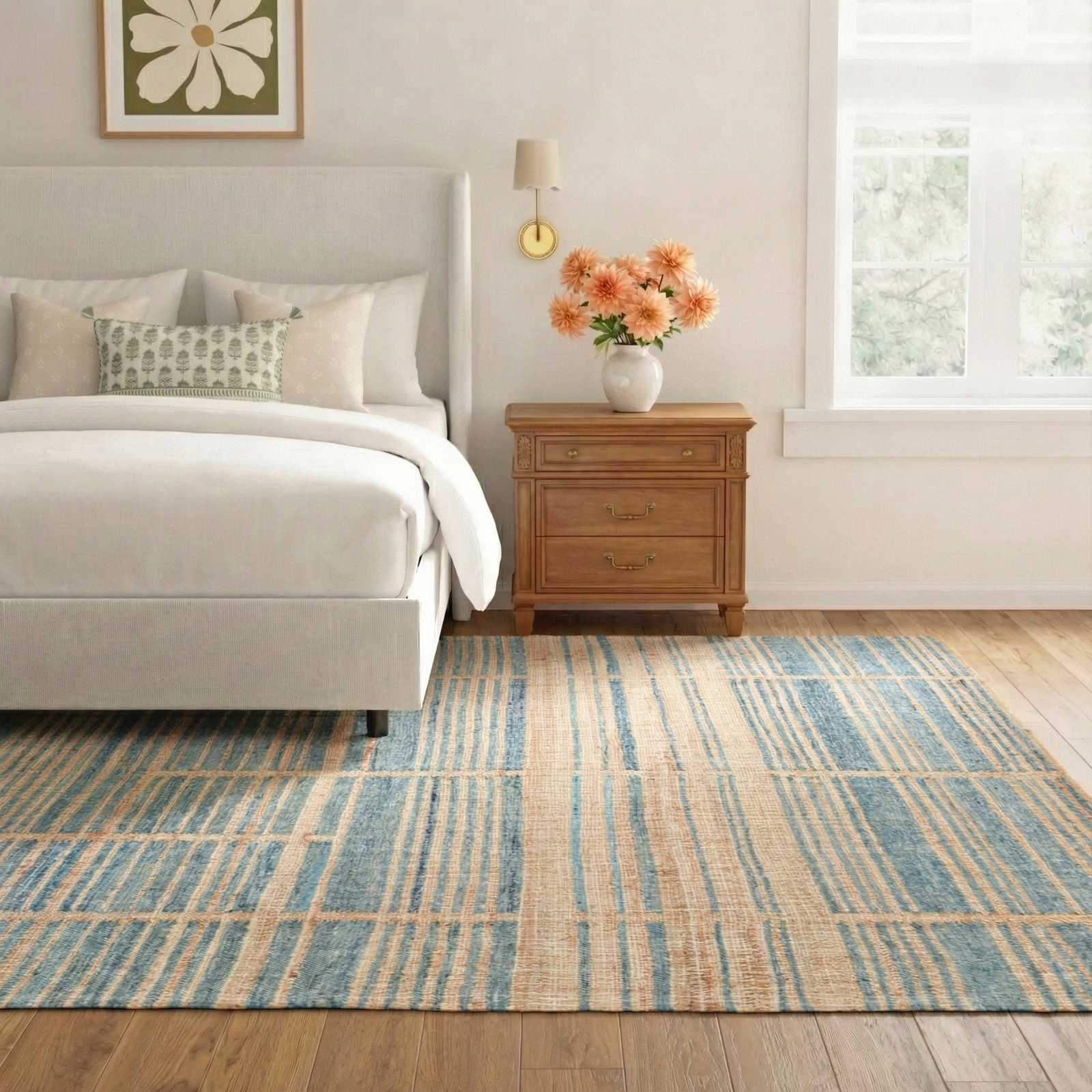 Zoya Brown Blue Hand-Woven Striped Jute Rug, Rectangle 10' x 14'