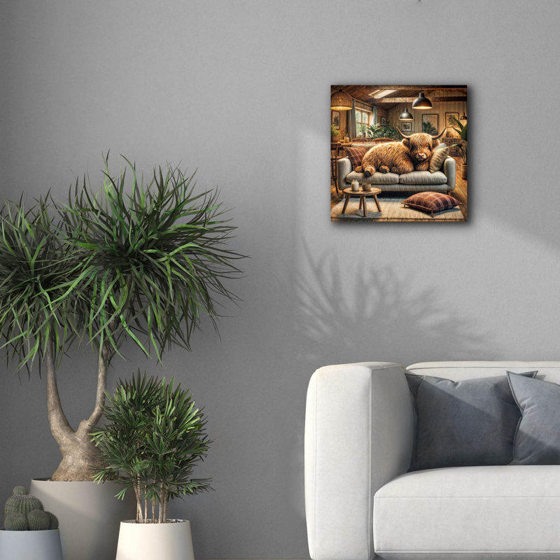 «Highland Cow -Chilling At Home» par Rey Klimt, art mural sur toile, H 18 po x l 18 po x P 0,75 po