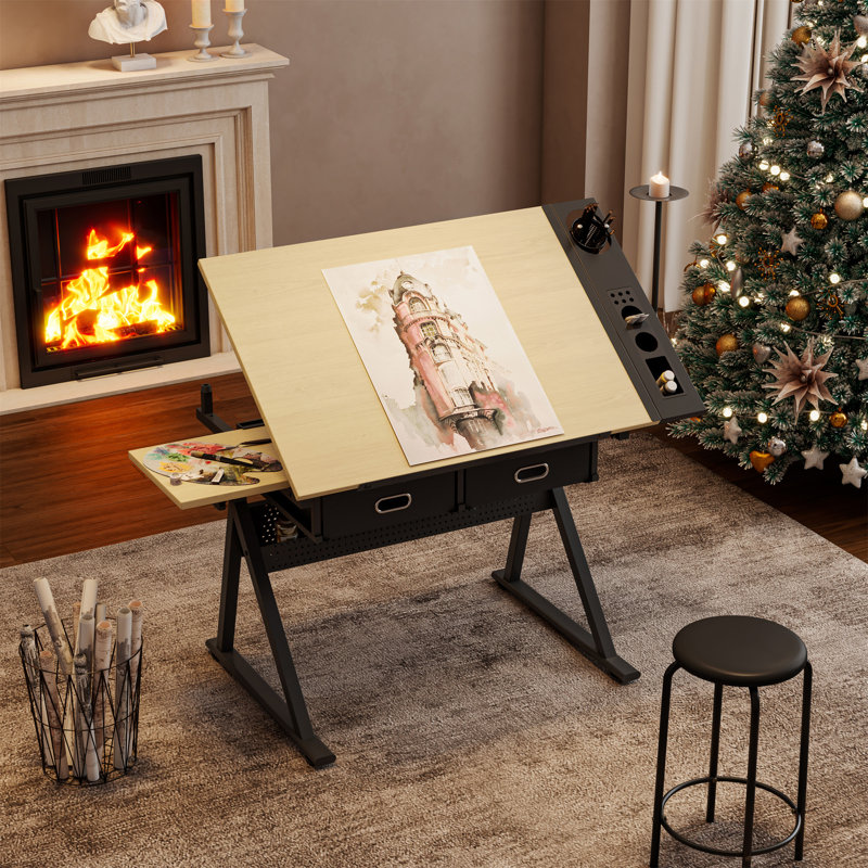 Bureau de dessin réglable avec 2 tiroirs pour bureau à domicile et école avec tabouret, Érable