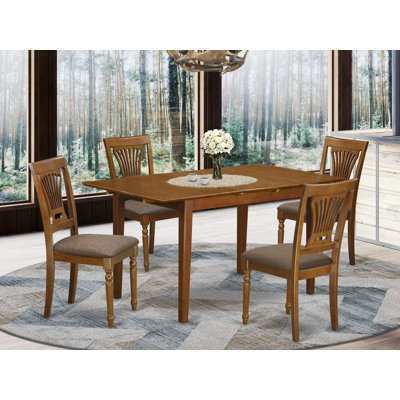 5 Piece Kitchen Table & Chairs Set Includes a Rectangle Dining Room Table with Butterfly Leaf and 4 Linen Fabric Chairs, Saddle Brown