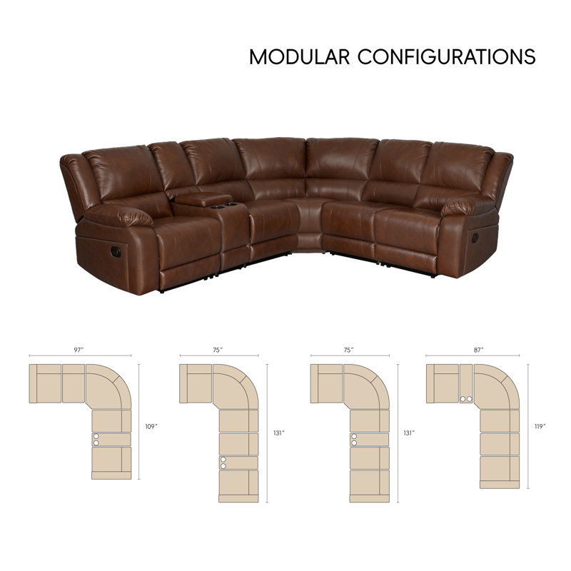 6-piece Faux Leather Reclining 5-seater Sectional With Storage Console & Cup Holders, Dark Brown