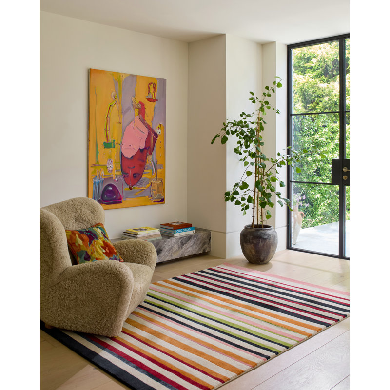 Calla Hand Tufted Wool/Rayon/Viscose Striped Area Rug in Pomegranate/Clementine/Black/White/Green, Rectangle 5'7" x 7'10"