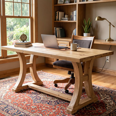 Bureau d'ordinateur en bois massif de 63 po, table d'écriture de bureau à domicile rustique avec base à tréteaux, grand poste de travail pour écrans doubles et ordinateurs portables