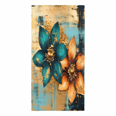 Serviette de plage à motif floral abstrait de 1 pièce, avec de magnifiques fleurs bleu sarcelle et orange avec des accents dorés sur un fond texturé bleu doré. Grand, doux, idéal pour les sorties, la natation, les voyages, unisexe.