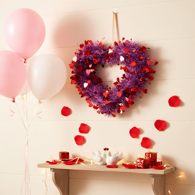 1 pc 14.9 inch Valentine Heart Wreaths Purple Tinsel Wreaths with Foil Hearts Hanging Decorations for Wedding Birthday Party Front Door Wall Window Mantel Decor