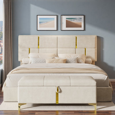 2-Piece Bedroom Sets Included 1 Upholstered Platform Bed With Hydraulic Storage System, 1 Storage Ottoman With Metal Legs