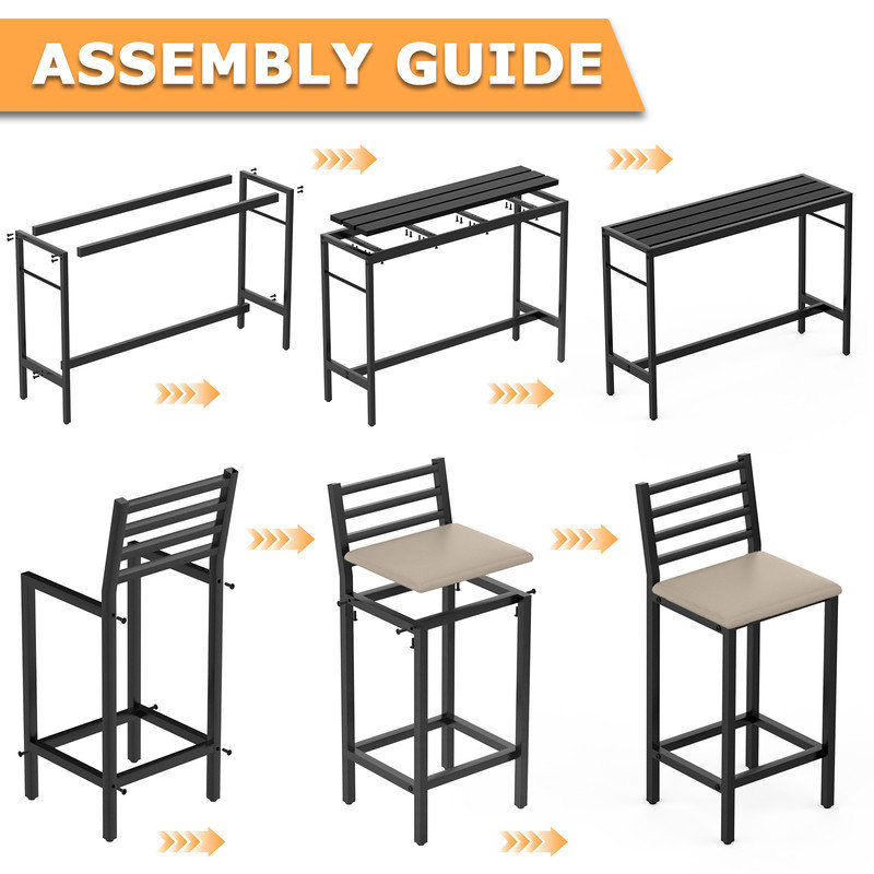 3-Piece Outdoor Patio Bar Set, 50" Rectangular Counter Height High Top Table & 2 Cushioned 41" Metal Stools, Bar Table and Chairs for Poolside, Balcony, Backyard