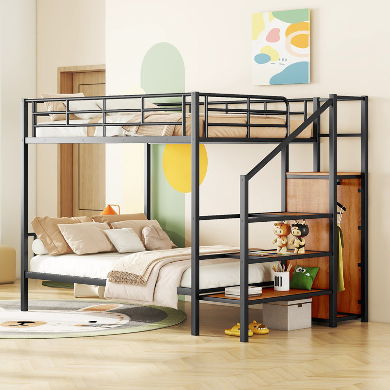 Lit superposé double en métal avec échelle de rangement latérale et garde-robe, Noir