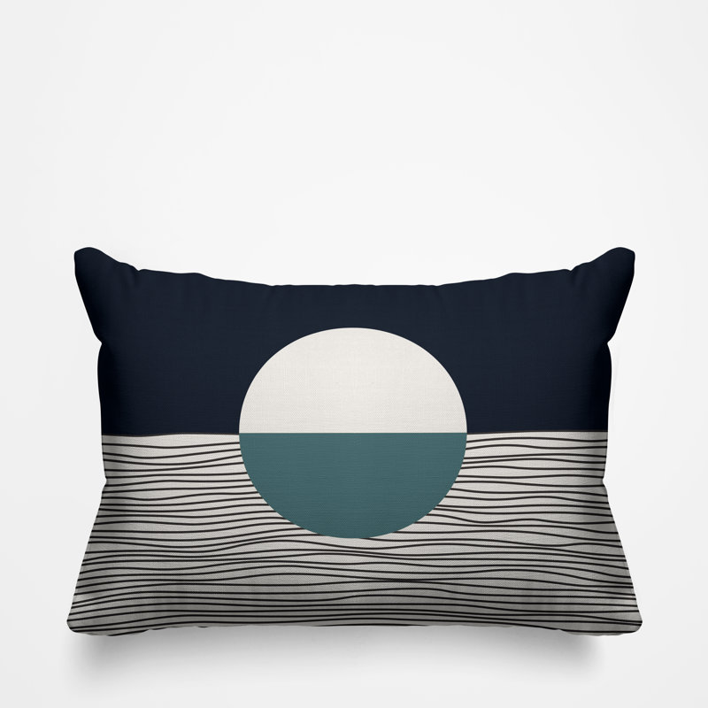 Coussin décoratif intérieur / extérieur Carmy, 14 po x 20 po, Turquoise / beige / bleu marine, Rectangulaire