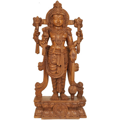 36,5 pouces grand Vishnu statue de sculpture sur bois - sculpture de temple indien du Sud fabriqué à la main pour l'autel, le salon et la décoration spirituelle