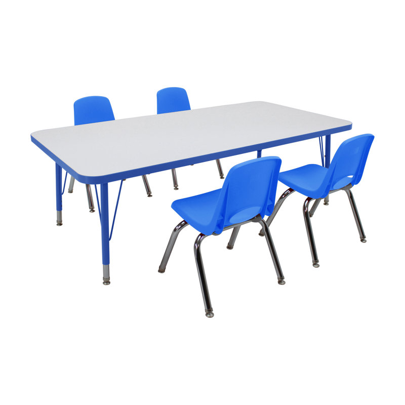 Ensemble de 5 tables d'activités rectangulaires effaçables à sec 30 "x 60" avec pieds standards et chaises empilables 12 "avec glissières pivotantes - tableau blanc / bleu