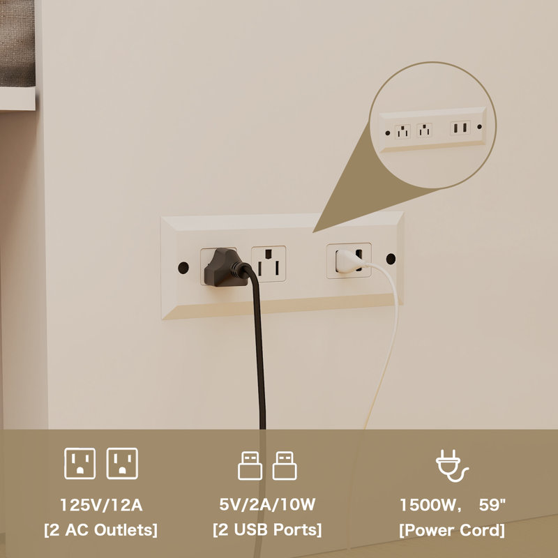 Lit escamotable double avec grand tiroir de rangement et station de charge, blanc