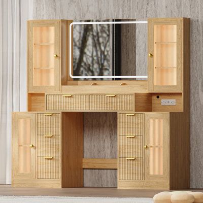 Vanity Desk with 2 Doors, 3 Drawers & LED Illuminated Mirror, White Makeup Table with Power Outlet, RGB Glass Cabinet & 3-Light Mode