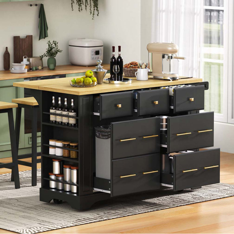 51.2" Wide Kitchen Island With Drop Leaf, Black