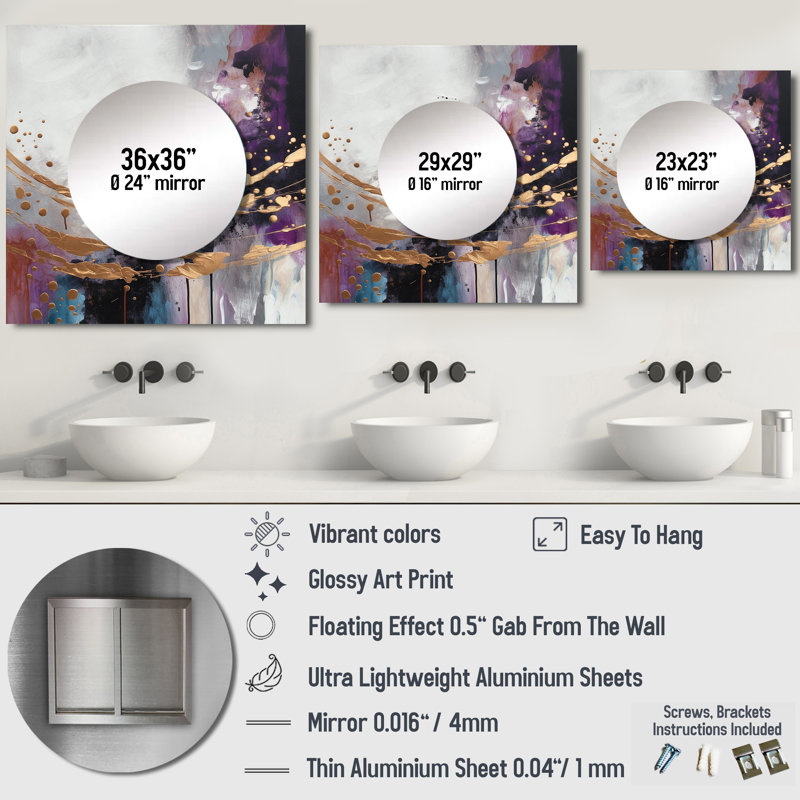 Shimizu - Grand miroir mural carré abstrait en marbre pour chambre à coucher, 36 po x 36 po