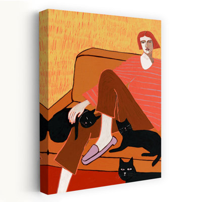 «Woman and Black Cats», art mural moderne, architecture de chat tranquille moderne