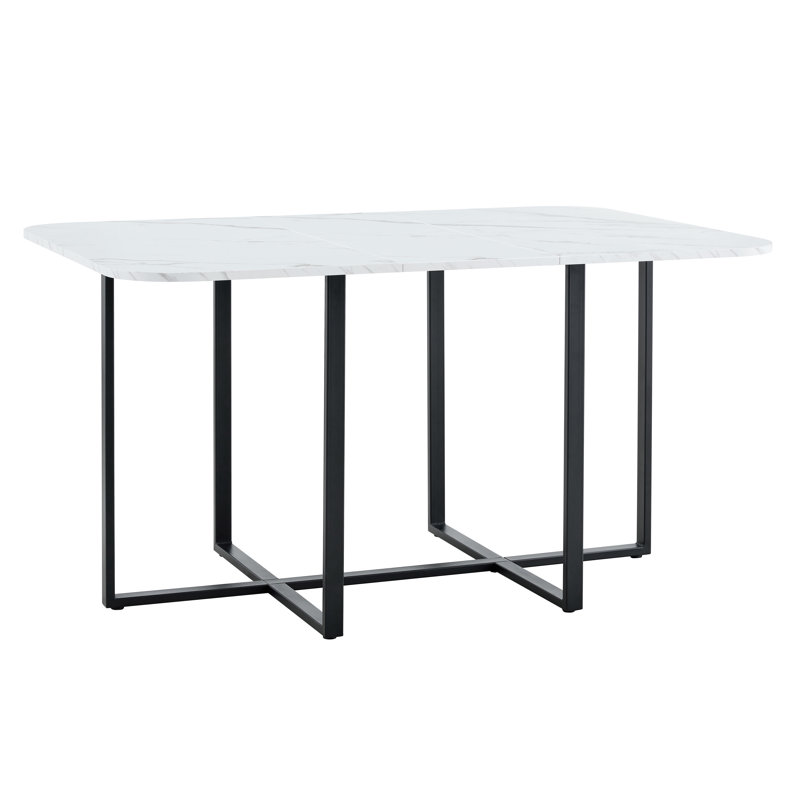 Table moderne à double texture - panneau de fibres à densité moyenne avec marbre et papier laqué à motif de bois, structure en métal noir robuste, table multi-usage 4 à 6 places pour la cuisine / coin repas / bureau à domicile