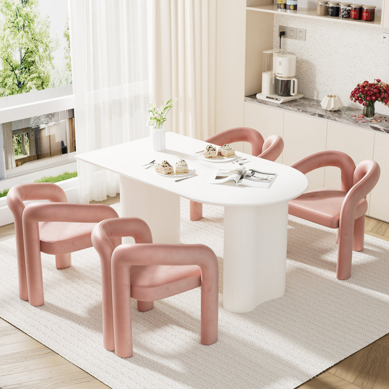 Ensemble de salle à manger à double piédestal avec chaises en velours, Rose