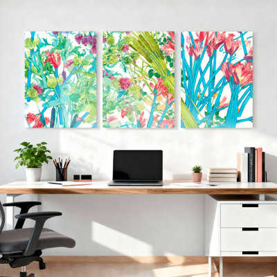 Ensemble de 3 tableaux abstraits sur toile tendue, représentant un jardin floral, pour la décoration du salon et de la chambre.