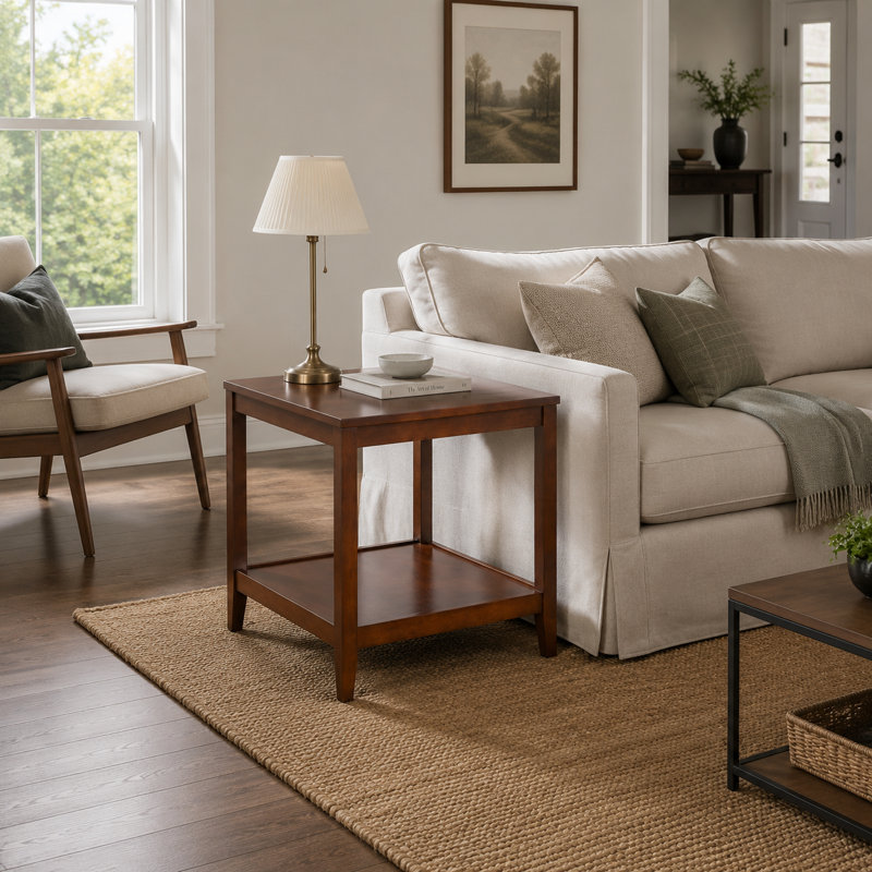 Table de bout carrée en bois massif de 23,62 po avec tablette de rangement, table d'appoint classique au fini noyer pour le salon et la chambre à coucher