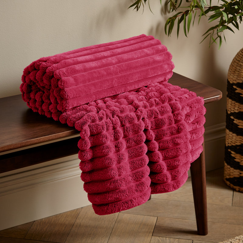 Cosy Ribbed Faux Fur Blanket Throw, Hot Pink