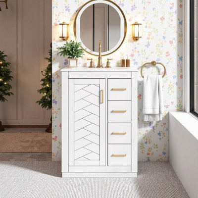 24-Inch Solid Wood & Ceramic Sink Bathroom Vanity Cabinet With Soft-Close Door And 3 Drawers