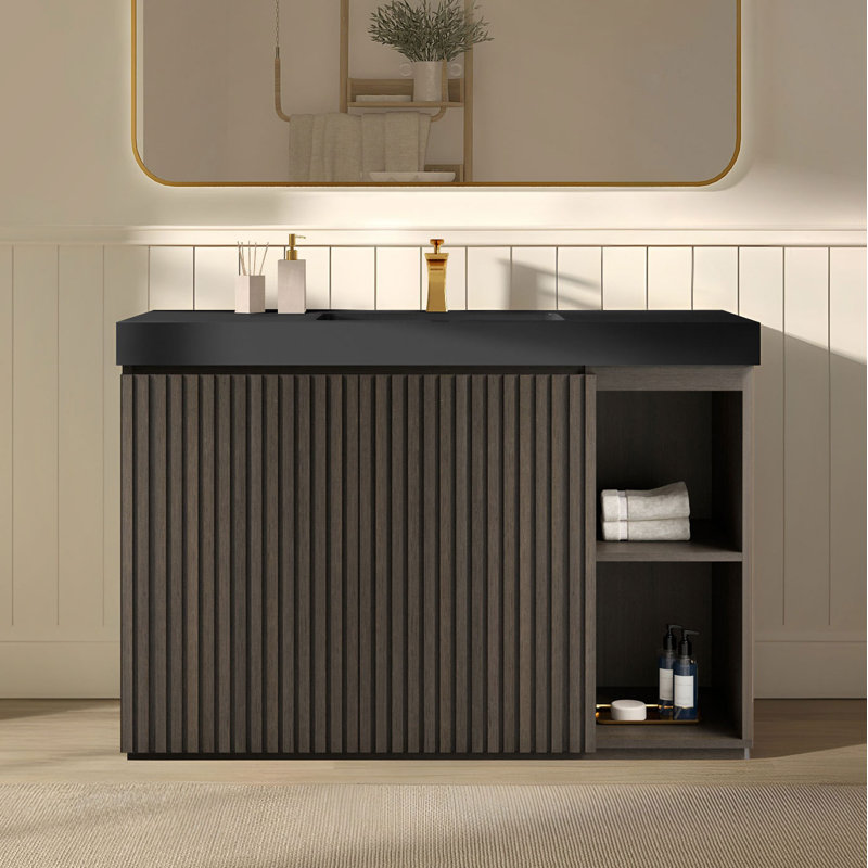 Bathroom Vanity with Solid Surface Top, 48", Black/Dark Brown, Single-Hole