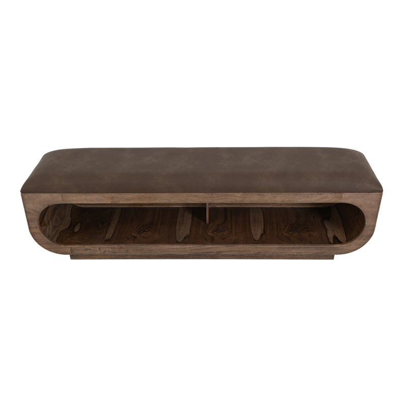 Wooden bench with a cushioned seat and open storage underneath., Brown, Brown