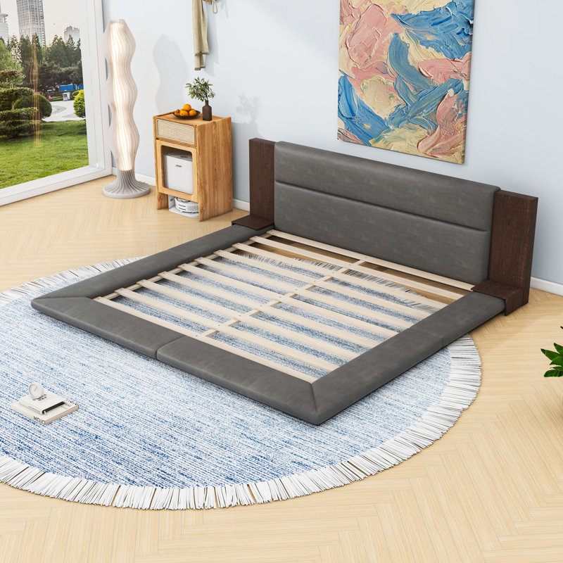 Lit plateforme tapissier en velours avec tablettes et tête de lit Modern Modern, Très grand lit