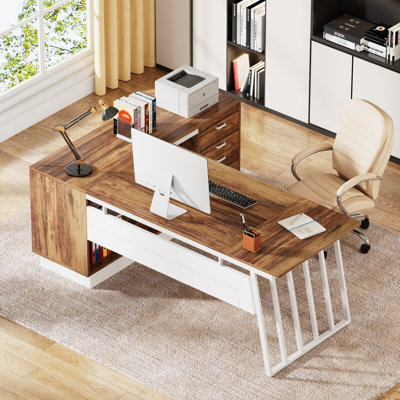 71" L-Shaped Executive Desk with Cabinet, Large Office Desk with Drawers and Storage Shelves