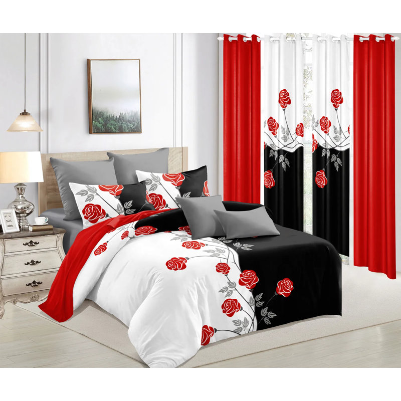 Ensemble de literie 9 pièces toutes saisons en microfibre de bambou avec rideaux